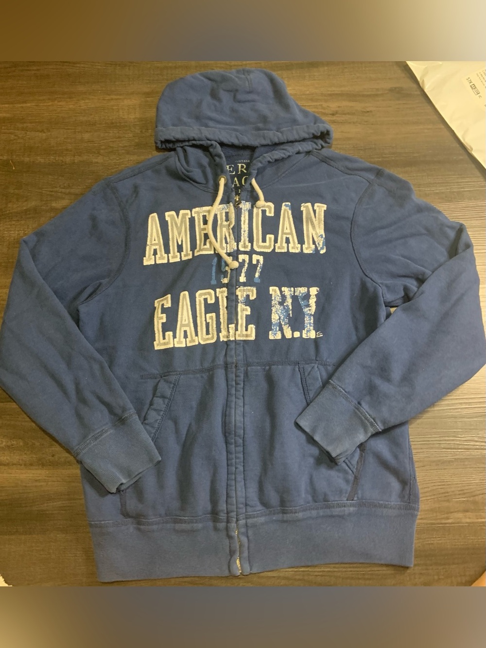 American Eagle Outfitters Navy Blue Full-Zip Hoodie with Yellow Print